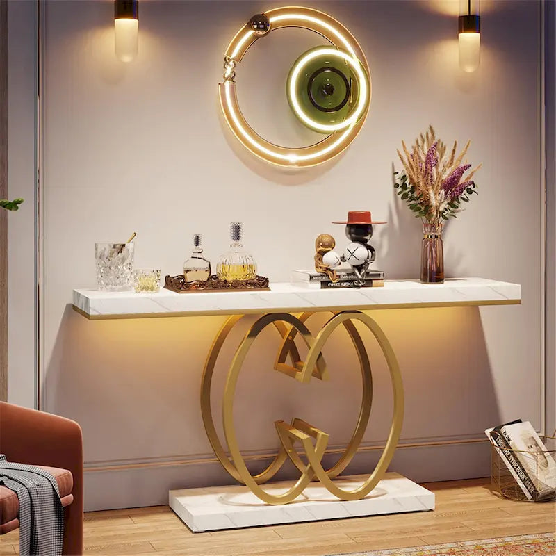 Console en similicuir de 55 pouces avec plateau en marbre, table de canapé dorée pour entrée