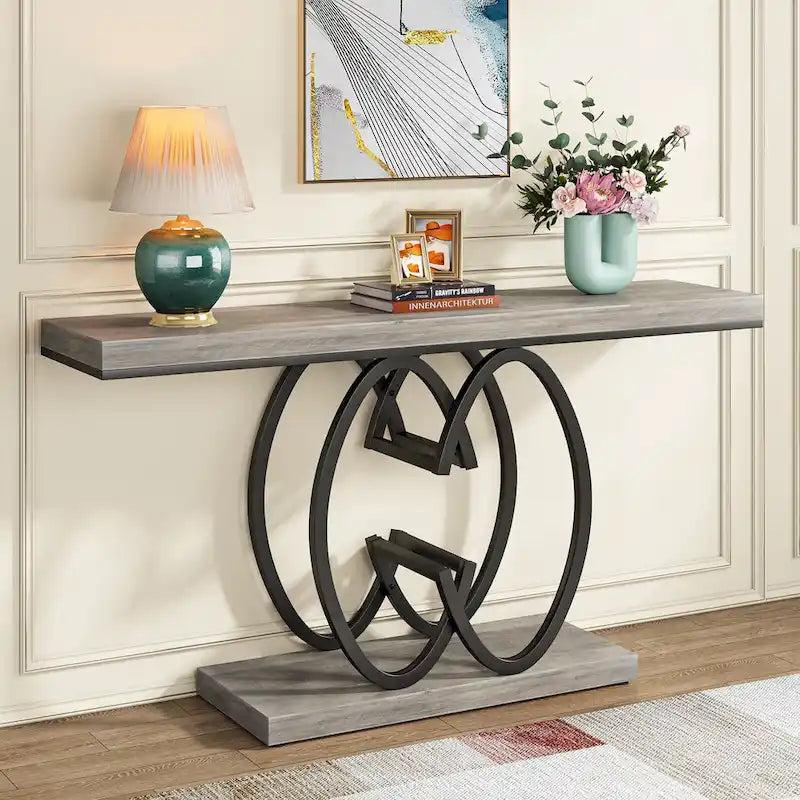 Console en similicuir de 55 pouces avec plateau en marbre, table de canapé dorée pour entrée