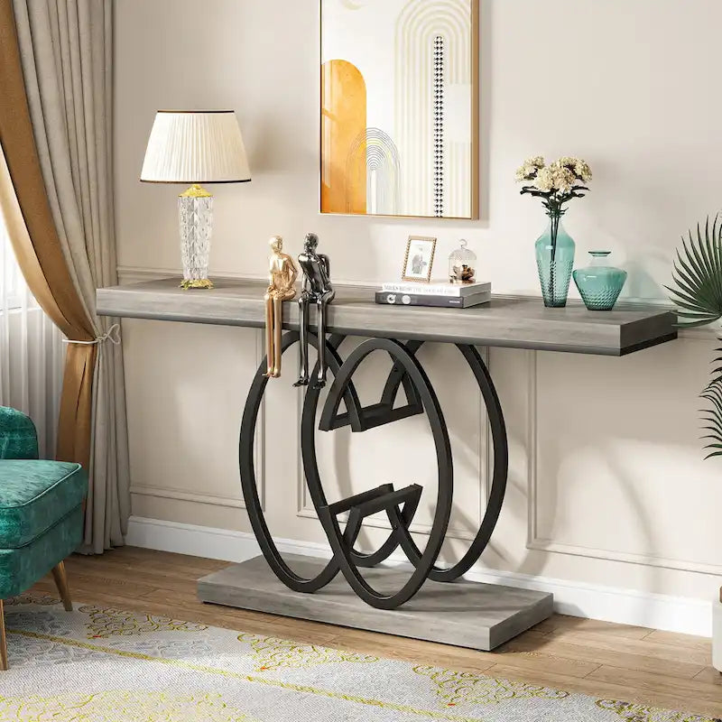 Console en similicuir de 55 pouces avec plateau en marbre, table de canapé dorée pour entrée