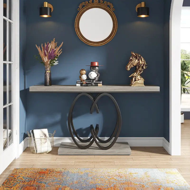 Console en similicuir de 55 pouces avec plateau en marbre, table de canapé dorée pour entrée