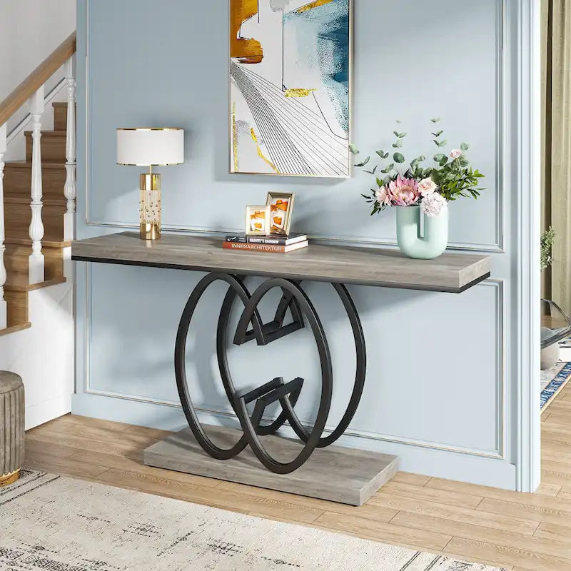 Console en similicuir de 55 pouces avec plateau en marbre, table de canapé dorée pour entrée