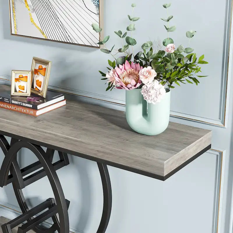 Console en similicuir de 55 pouces avec plateau en marbre, table de canapé dorée pour entrée
