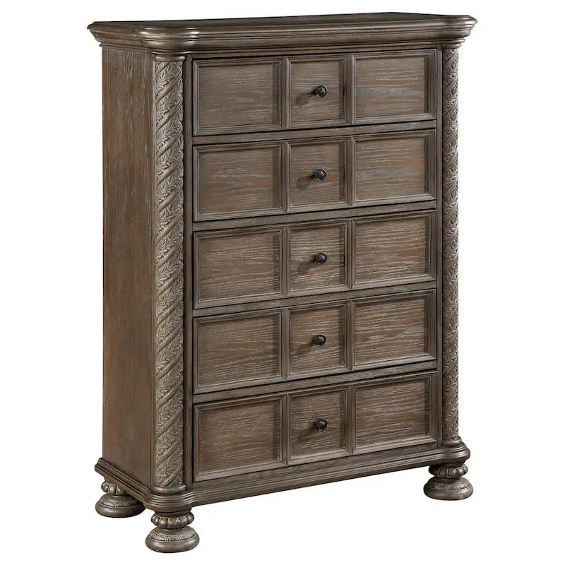 Commode de 99 cm de haut, 5 tiroirs et pieds boules, en bois de chêne brun