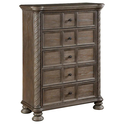 Commode de 99 cm de haut, 5 tiroirs et pieds boules, en bois de chêne brun