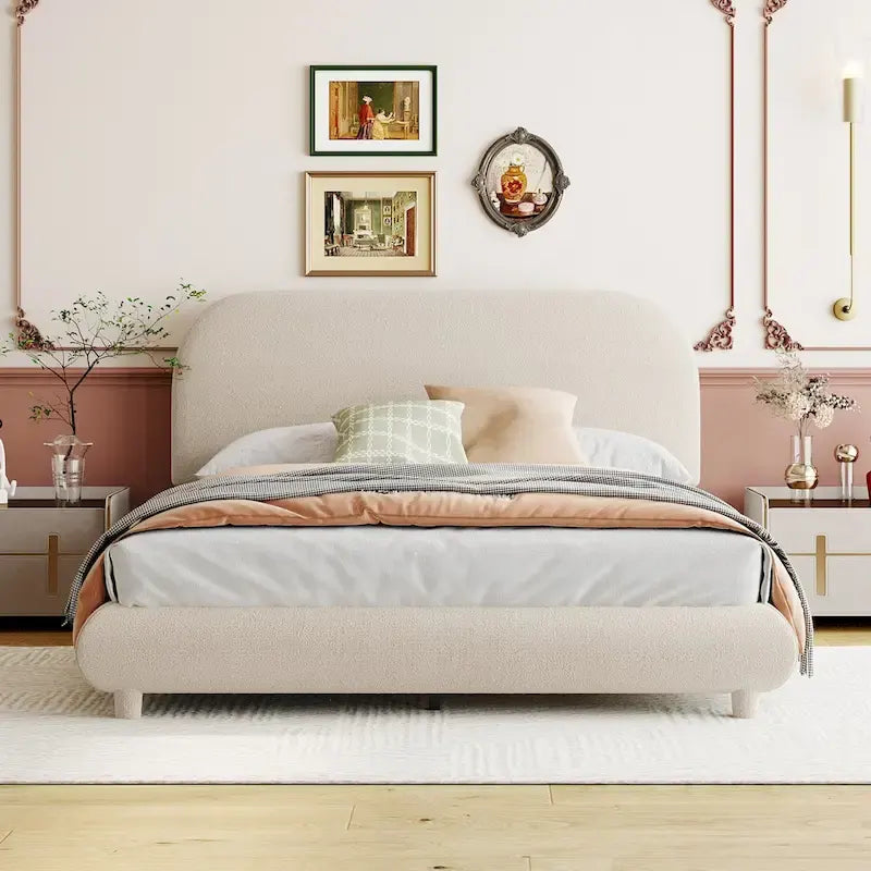 Lit plateforme capitonné pleine taille en tissu polaire Teddy avec cadre solide et design élégant en forme de courbe