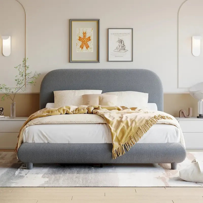 Lit plateforme capitonné pleine taille en tissu polaire Teddy avec cadre solide et design élégant en forme de courbe