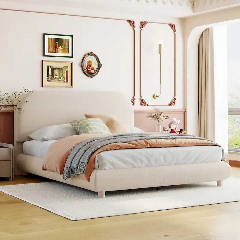 Lit plateforme capitonné pleine taille en tissu polaire Teddy avec cadre solide et design élégant en forme de courbe