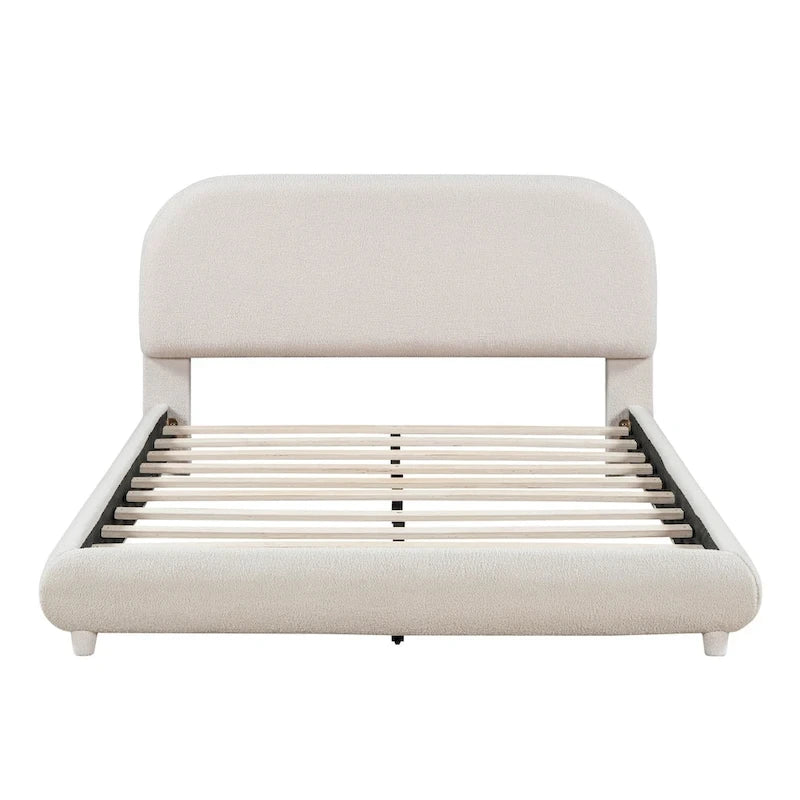 Lit plateforme capitonné pleine taille en tissu polaire Teddy avec cadre solide et design élégant en forme de courbe
