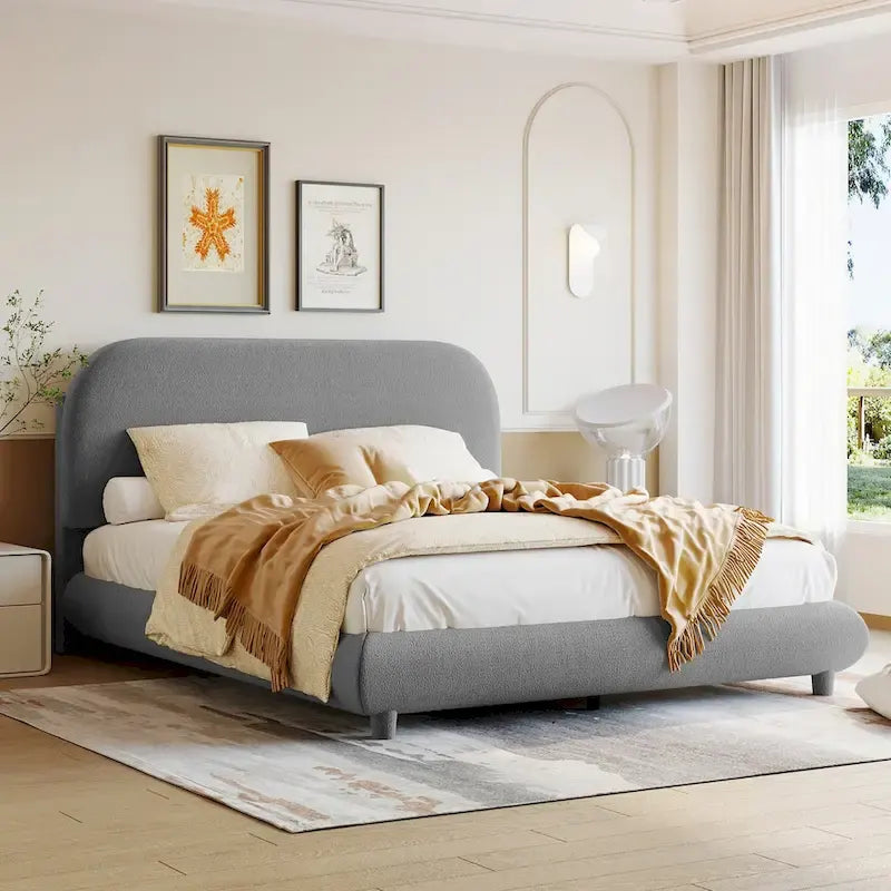 Lit plateforme capitonné pleine taille en tissu polaire Teddy avec cadre solide et design élégant en forme de courbe