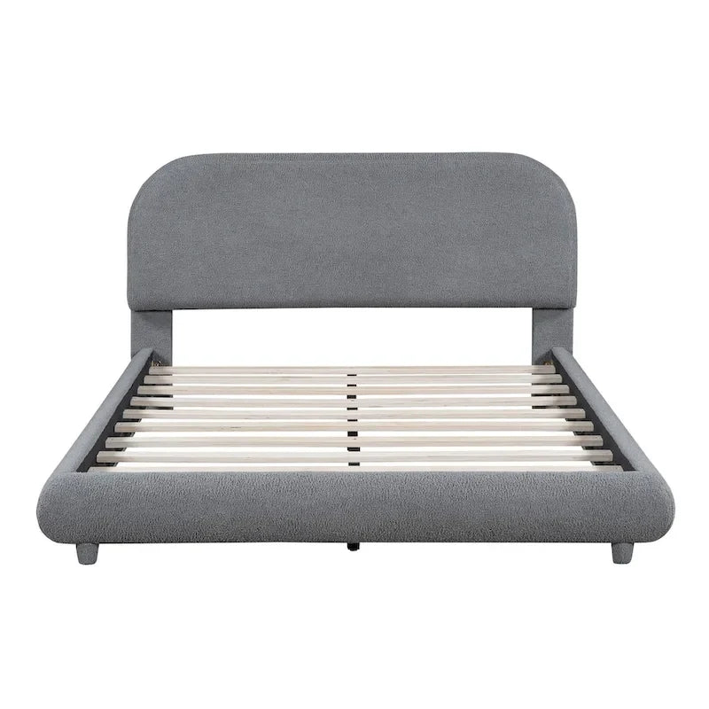 Lit plateforme capitonné pleine taille en tissu polaire Teddy avec cadre solide et design élégant en forme de courbe
