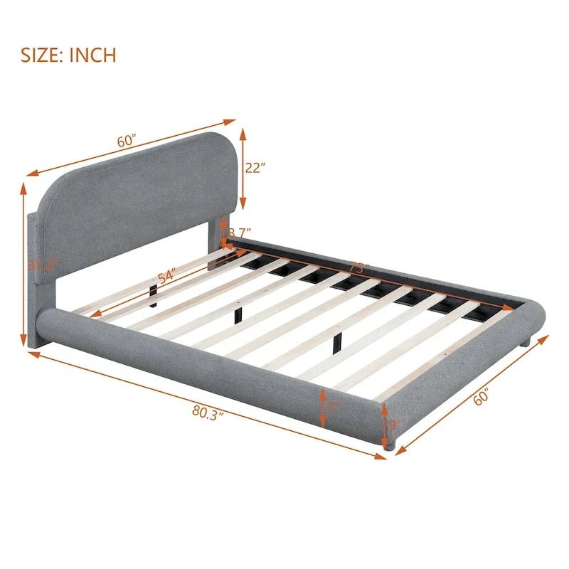Lit plateforme capitonné pleine taille en tissu polaire Teddy avec cadre solide et design élégant en forme de courbe