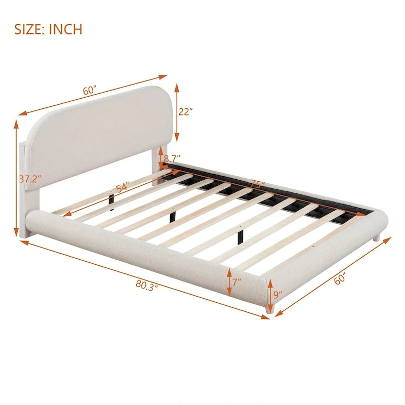 Lit plateforme capitonné pleine taille en tissu polaire Teddy avec cadre solide et design élégant en forme de courbe