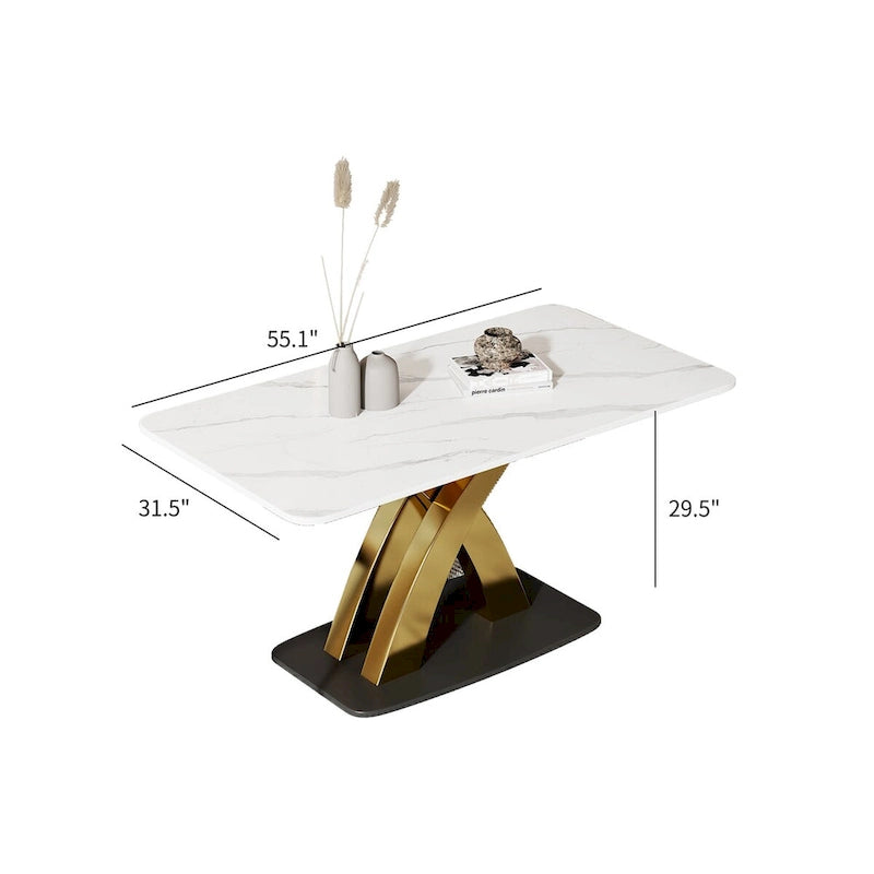Table à manger rectangulaire moderne blanche, plateau en pierre frittée, pieds dorés en X
