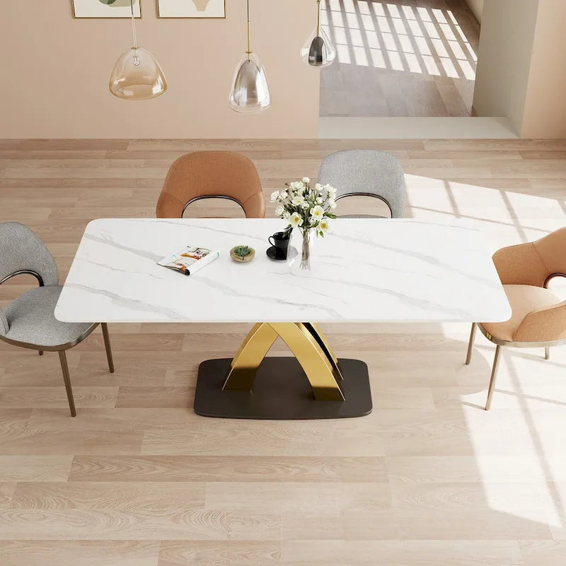 Table à manger rectangulaire moderne blanche, plateau en pierre frittée, pieds dorés en X