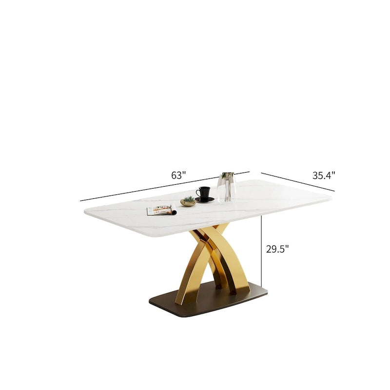 Table à manger rectangulaire moderne blanche, plateau en pierre frittée, pieds dorés en X