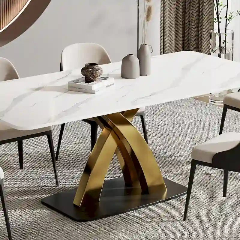 Table à manger rectangulaire moderne blanche, plateau en pierre frittée, pieds dorés en X