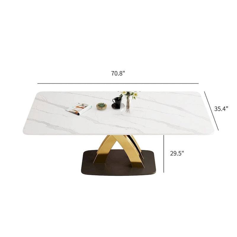 Table à manger rectangulaire moderne blanche, plateau en pierre frittée, pieds dorés en X