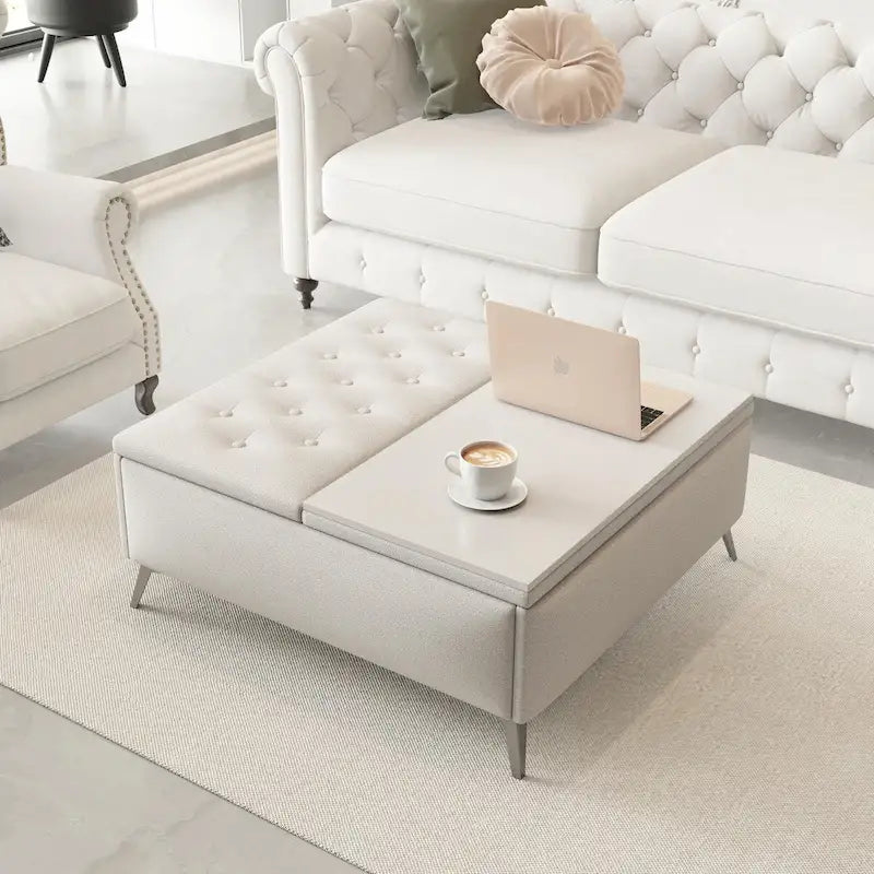 Table basse de rangement carrée de 35 pouces de large avec couvercle relevable, pouf de rangement surdimensionné rembourré pour le salon