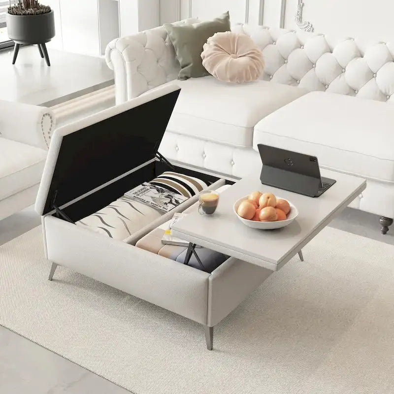 Table basse de rangement carrée de 35 pouces de large avec couvercle relevable, pouf de rangement surdimensionné rembourré pour le salon
