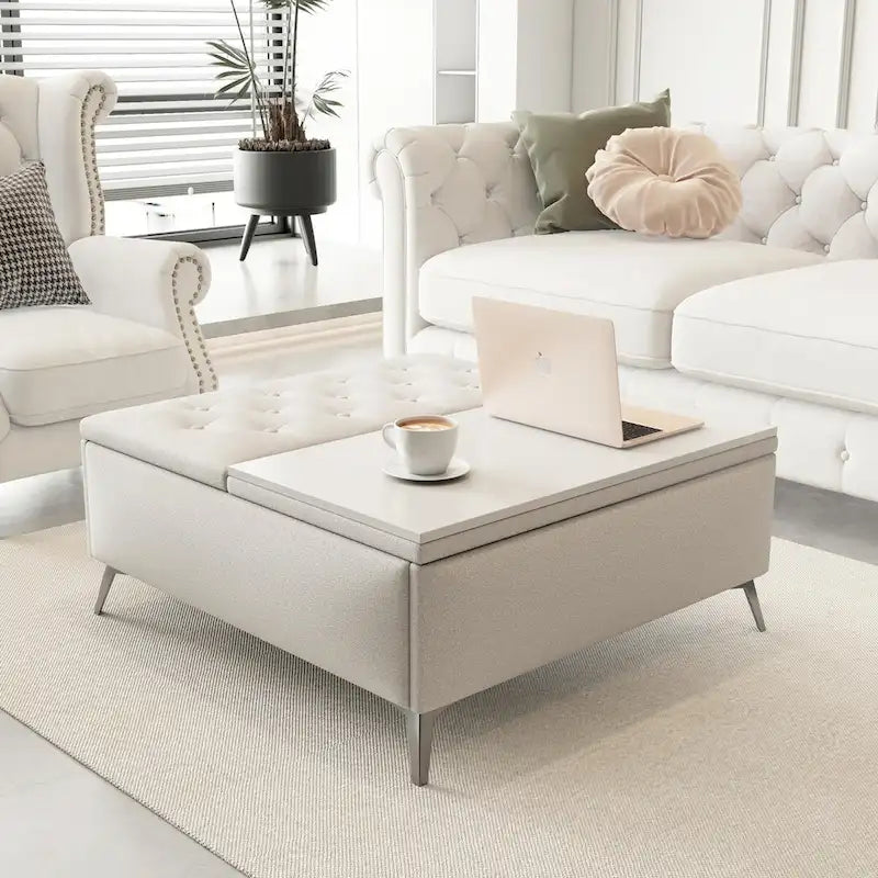 Table basse de rangement carrée de 35 pouces de large avec couvercle relevable, pouf de rangement surdimensionné rembourré pour le salon