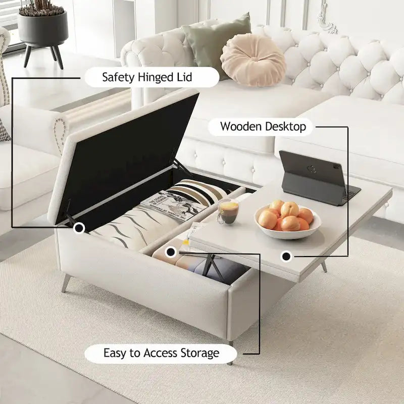 Table basse de rangement carrée de 35 pouces de large avec couvercle relevable, pouf de rangement surdimensionné rembourré pour le salon