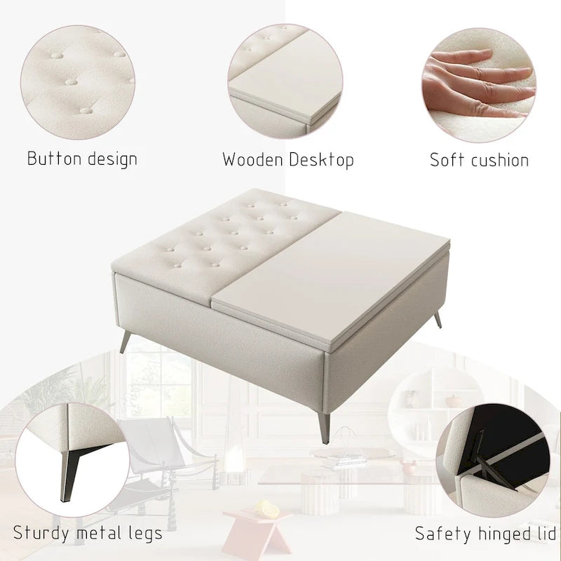 Table basse de rangement carrée de 35 pouces de large avec couvercle relevable, pouf de rangement surdimensionné rembourré pour le salon