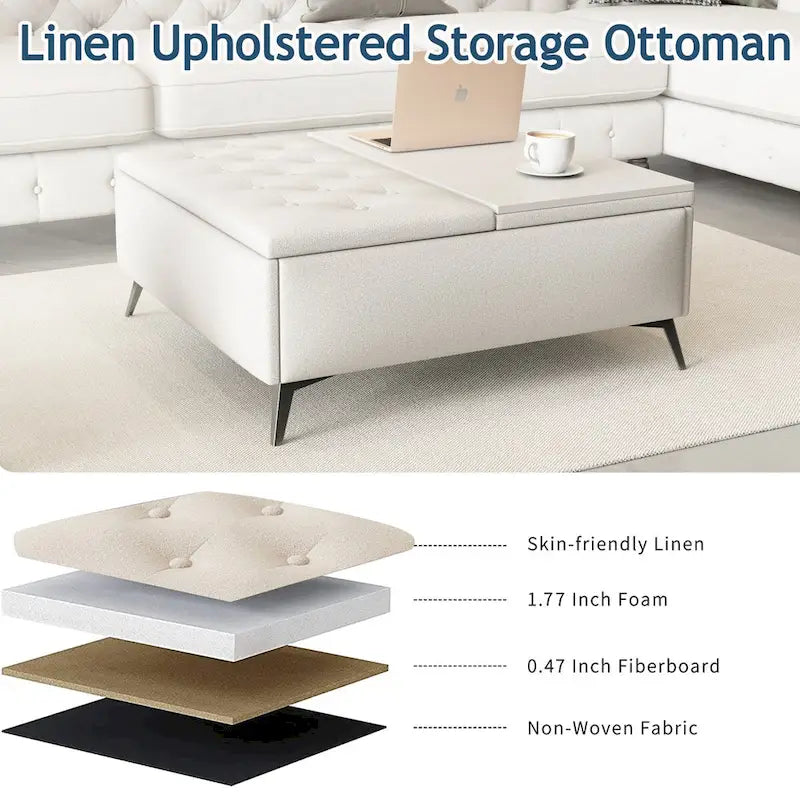 Table basse de rangement carrée de 35 pouces de large avec couvercle relevable, pouf de rangement surdimensionné rembourré pour le salon