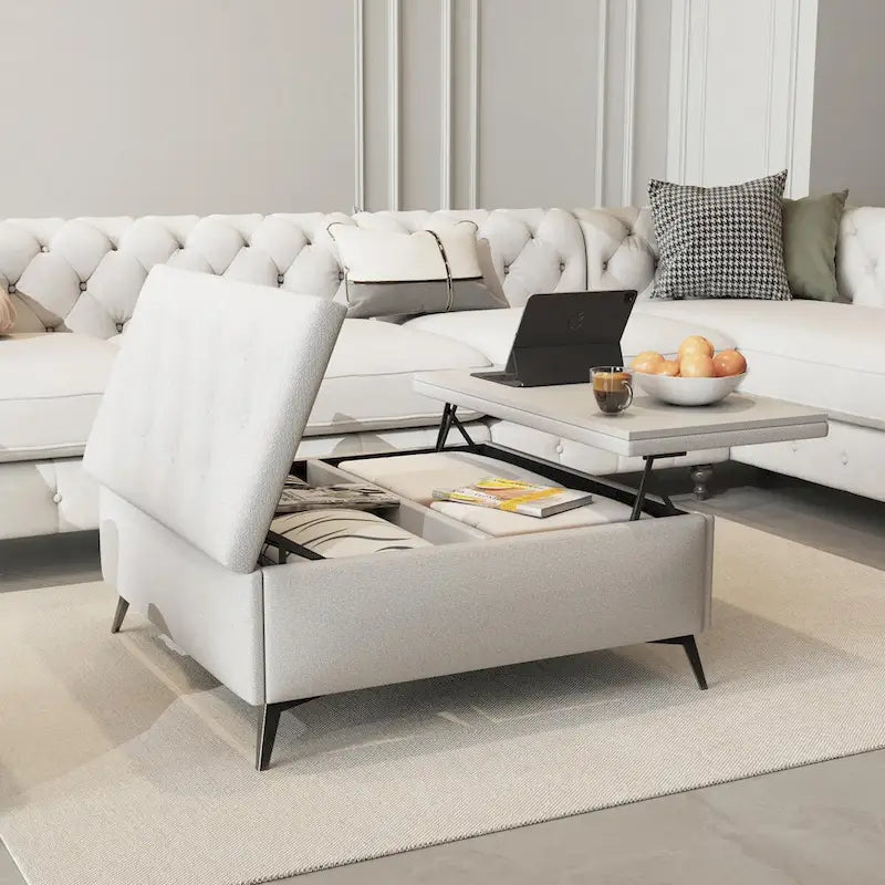 Table basse de rangement carrée de 35 pouces de large avec couvercle relevable, pouf de rangement surdimensionné rembourré pour le salon