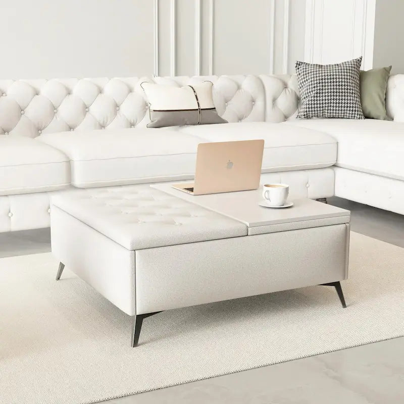 Table basse de rangement carrée de 35 pouces de large avec couvercle relevable, pouf de rangement surdimensionné rembourré pour le salon