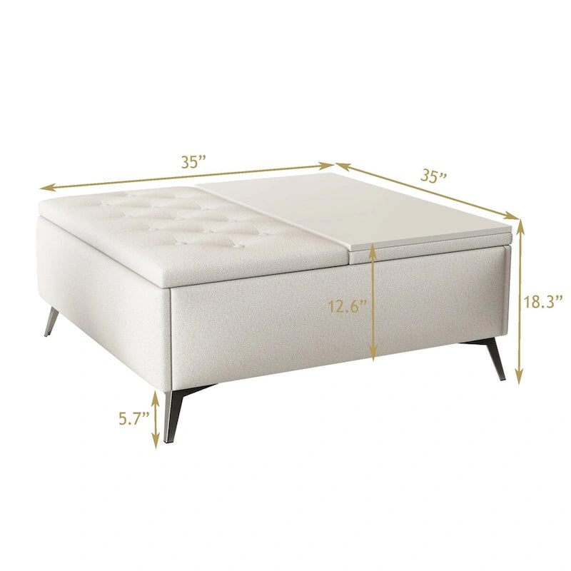 Table basse de rangement carrée de 35 pouces de large avec couvercle relevable, pouf de rangement surdimensionné rembourré pour le salon