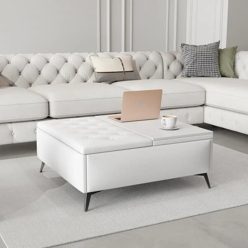 Table basse de rangement carrée de 35 pouces de large avec couvercle relevable, pouf de rangement surdimensionné rembourré pour le salon