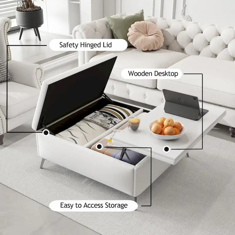 Table basse de rangement carrée de 35 pouces de large avec couvercle relevable, pouf de rangement surdimensionné rembourré pour le salon