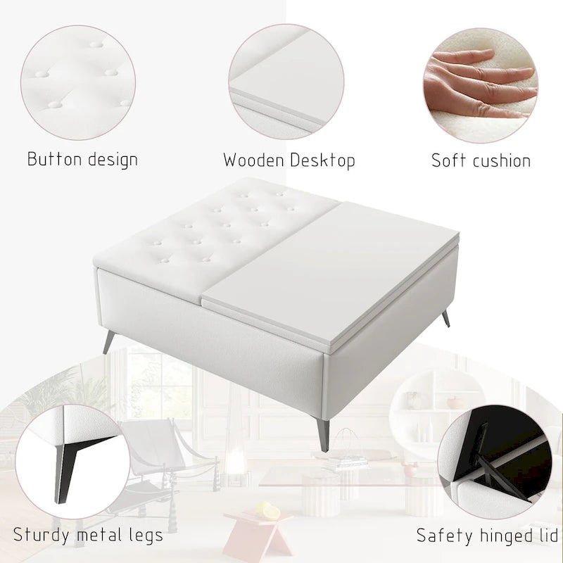 Table basse de rangement carrée de 35 pouces de large avec couvercle relevable, pouf de rangement surdimensionné rembourré pour le salon