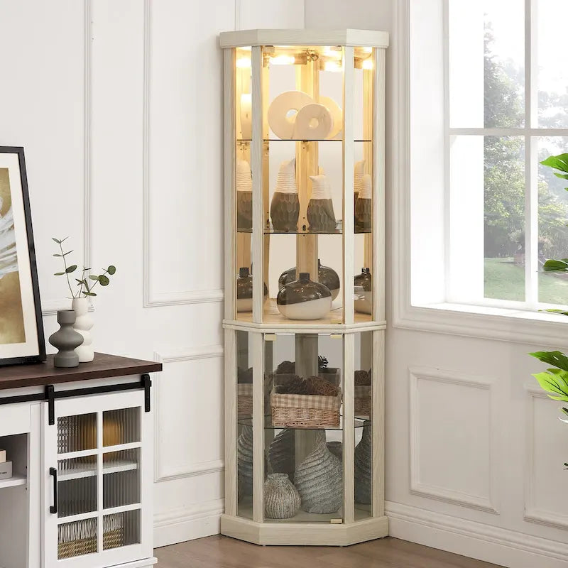 Vitrine d'angle en verre éclairée, collection antique, vin, rangement verres de bar, lumière incluse.