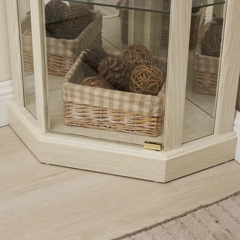 Vitrine d'angle en verre éclairée, collection antique, vin, rangement verres de bar, lumière incluse.