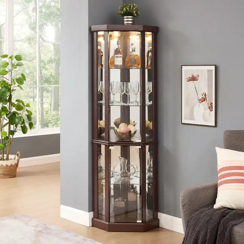 Vitrine d'angle en verre éclairée, collection antique, vin, rangement verres de bar, lumière incluse.