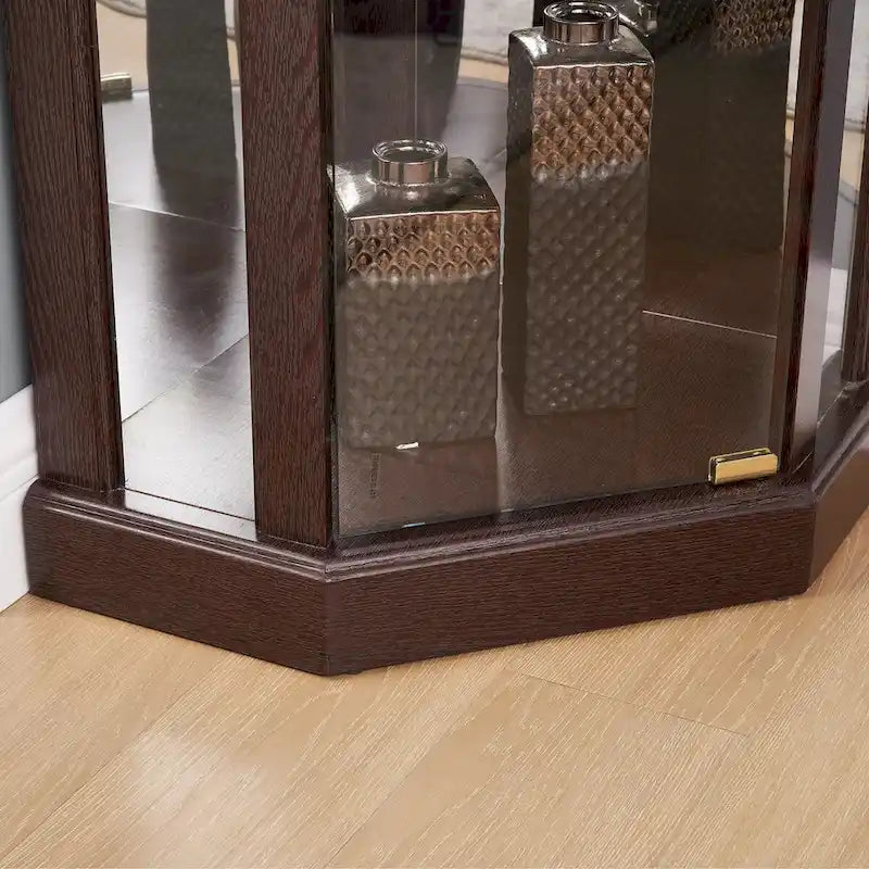Vitrine d'angle en verre éclairée, collection antique, vin, rangement verres de bar, lumière incluse.