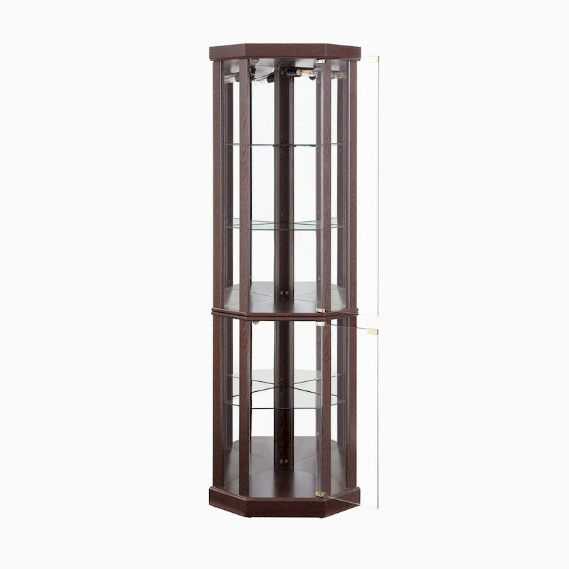 Vitrine d'angle en verre éclairée, collection antique, vin, rangement verres de bar, lumière incluse.