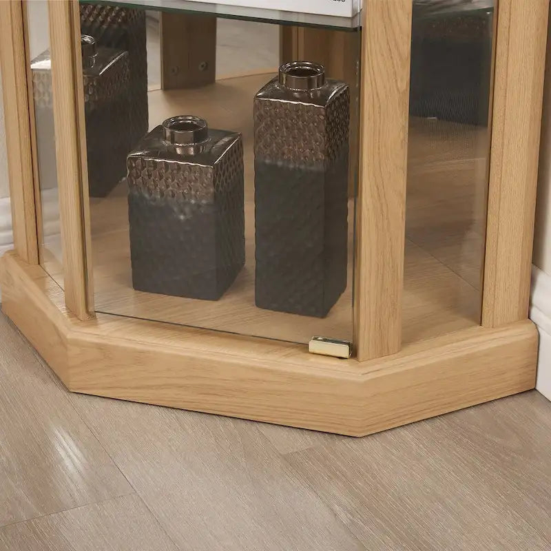 Vitrine d'angle en verre éclairée, collection antique, vin, rangement verres de bar, lumière incluse.