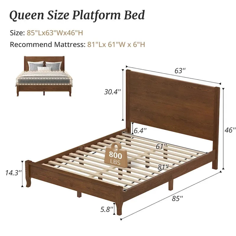 Plateforme de lit en panneaux de bois massif avec tête de lit, lits doubles en bois rustique, cadre de lit, mobilier de chambre