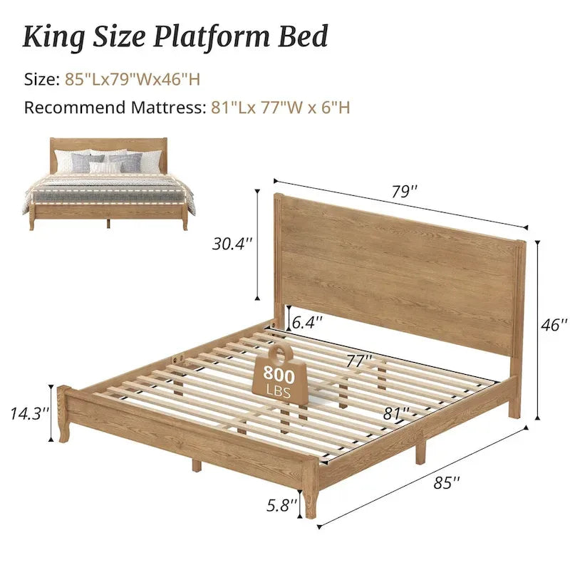Plateforme de lit en panneaux de bois massif avec tête de lit, lits doubles en bois rustique, cadre de lit, mobilier de chambre