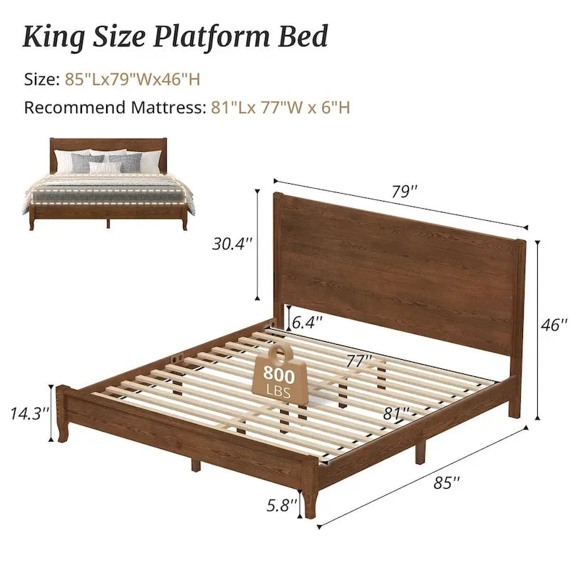 Plateforme de lit en panneaux de bois massif avec tête de lit, lits doubles en bois rustique, cadre de lit, mobilier de chambre